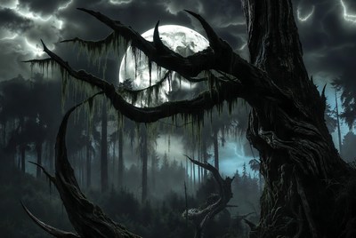 Full Moon Over Twisted Forest Trees