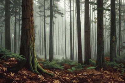 Misty Forest with Tall Trees