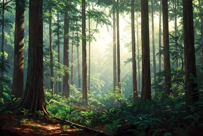 Sunlight Filtering Through Redwoods Forest