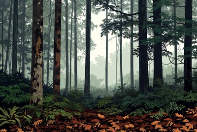 Misty Forest with Tall Trees