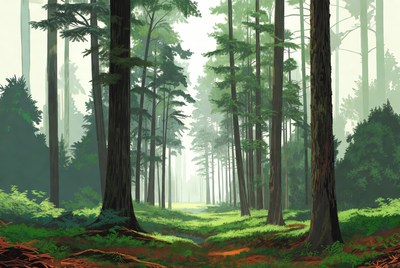 Sunlit Forest Path with Tall Trees