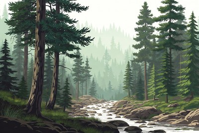 Misty Pine Forest with Stream