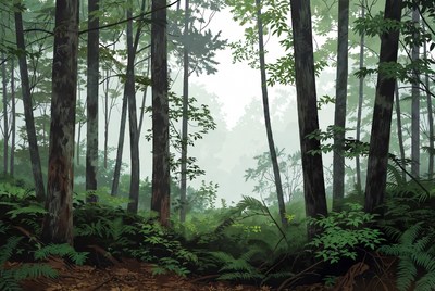 Misty Forest with Tall Trees