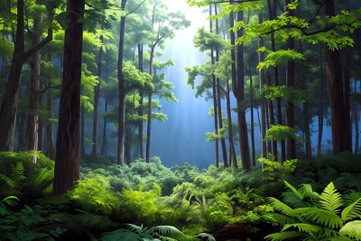 Sunlit Forest with Lush Green Trees