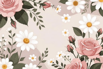 Pink Roses and White Daisies Illustration