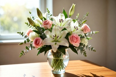 Bouquet of white lilies and pink roses