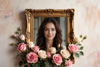 Woman in gold frame with roses