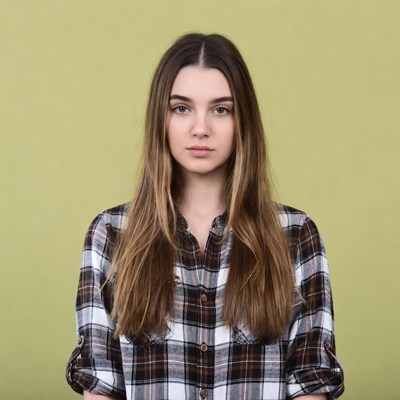 Teen girl in plaid shirt on green background