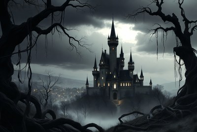 Dark Gothic Castle in Stormy Night