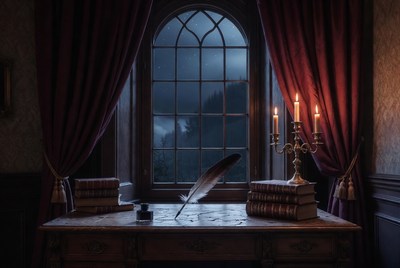 Quill Pen on Desk by Gothic Window