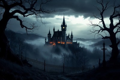 Spooky Gothic Castle in Foggy Night
