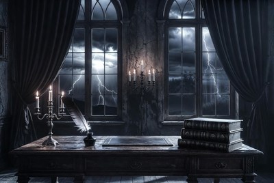 Gothic Desk with Candelabras and Stormy Window