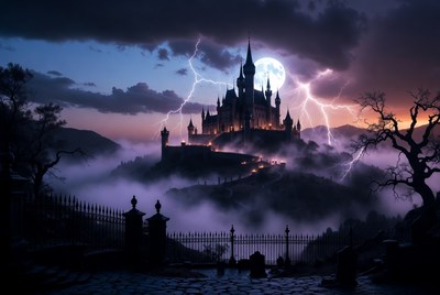 Dark Gothic Castle in Stormy Night