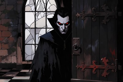 Vampire man opening castle door