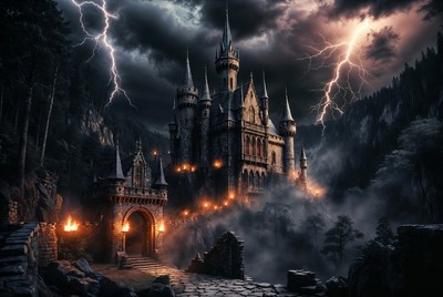 Dark Gothic Castle in Stormy Night