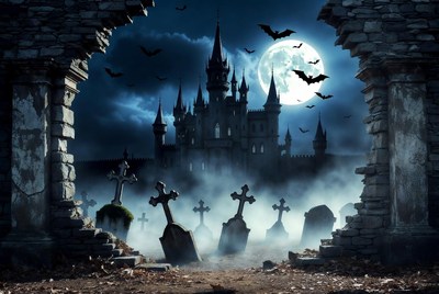 Haunted Castle in Moonlit Cemetery