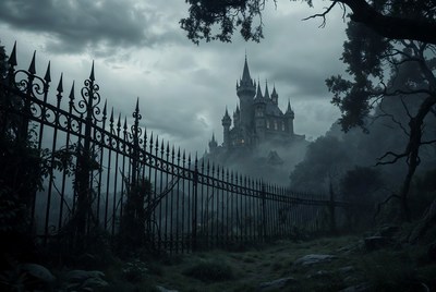 Gothic Castle Behind Iron Fence