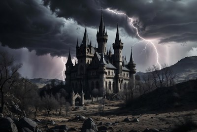 Dark Gothic Castle in Thunderstorm