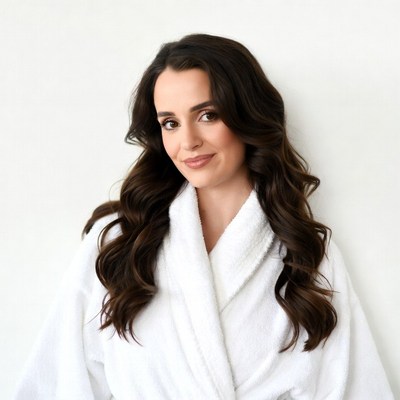 Woman in white bathrobe smiling