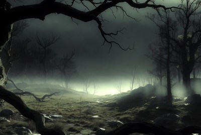 Misty Haunted Forest at Night