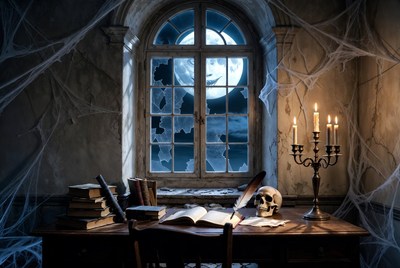 Spooky Halloween Desk with Moonlit Window