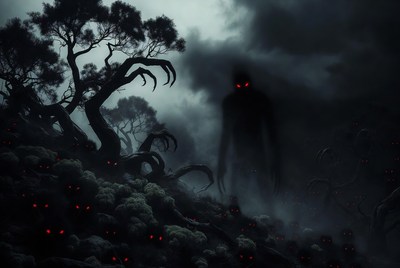 Tall Shadow Monster in Foggy Forest