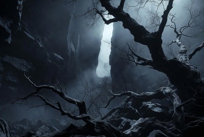 Dark spooky canyon with twisted trees