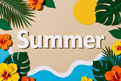 Summer Text with Tropical Leaves and Flowers