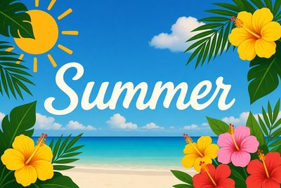 Summer Text with Beach and Hibiscus