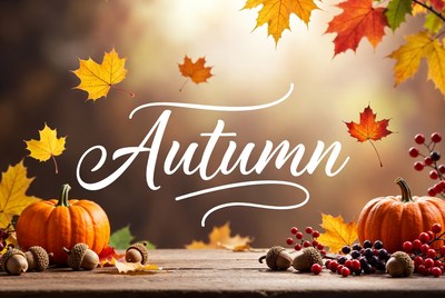 Autumn Text with Pumpkins and Leaves