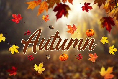 Autumn Text with Leaves Pumpkins Acorns