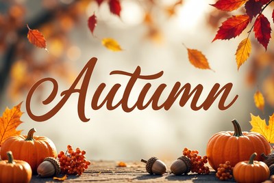 Autumn Text with Leaves and Pumpkins