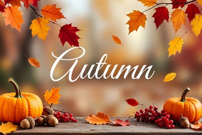 Autumn Text with Pumpkins and Leaves
