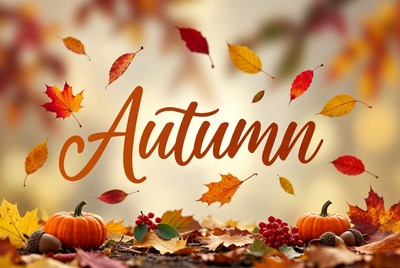 Autumn Text with Falling Leaves Pumpkins