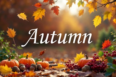 Autumn Text with Pumpkins and Leaves