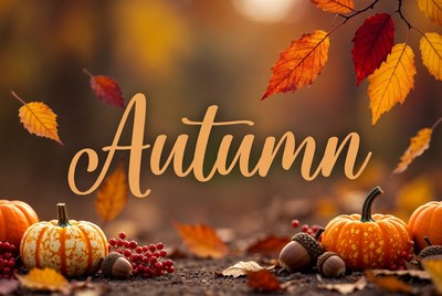 Autumn Text with Pumpkins and Leaves