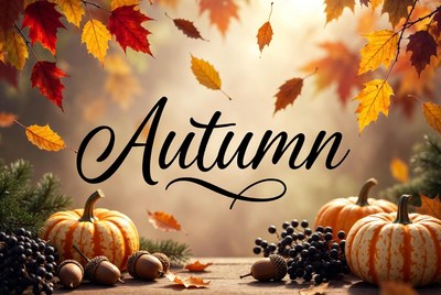 Autumn Text with Leaves Pumpkins Acorns