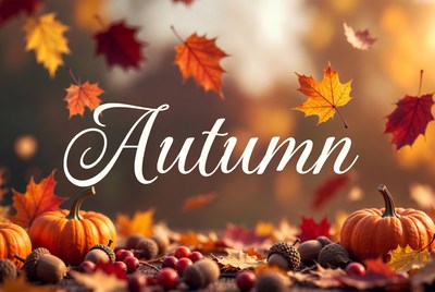 Autumn Text with Falling Leaves and Pumpkins