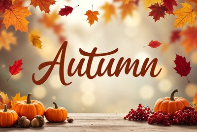 Autumn Text with Pumpkins and Leaves