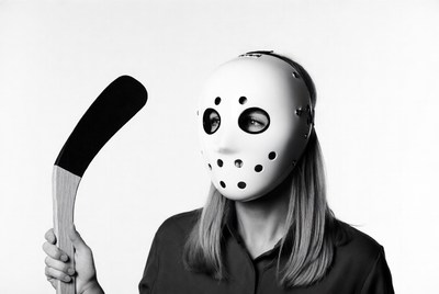 Woman in hockey goalie mask holding stick