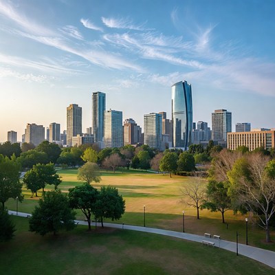 Dallas skyline over green park
