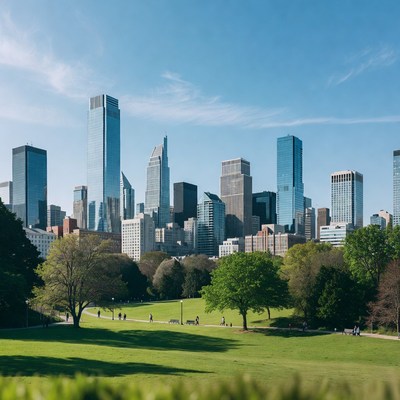 Philadelphia skyline over green park