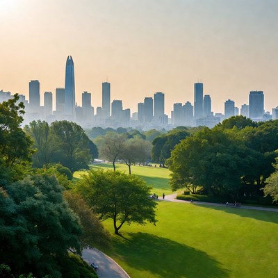 Shanghai skyline sunset over green park