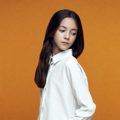 Asian girl in white shirt on orange background