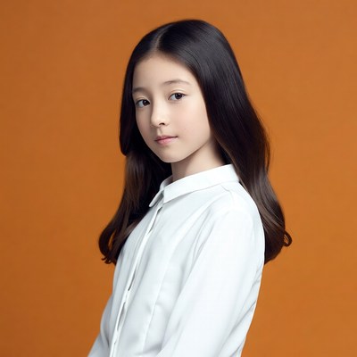 Asian girl in white shirt on orange background