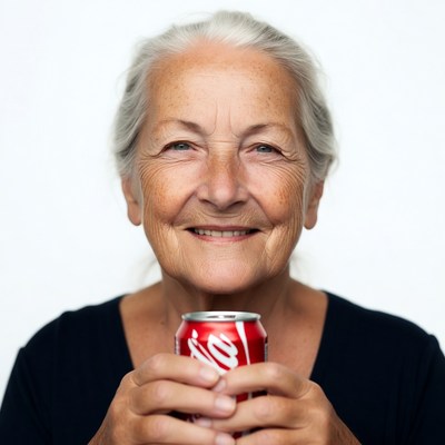 Elderly woman holding Coca-Cola can