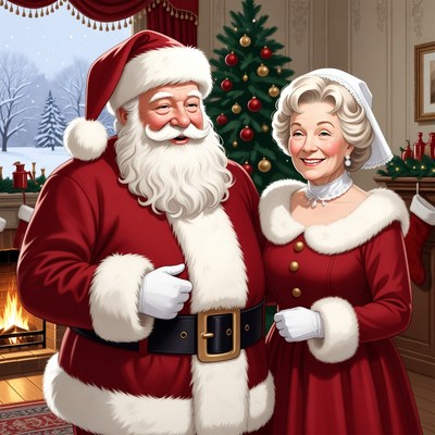 Santa Claus and Mrs. Claus by Christmas tree