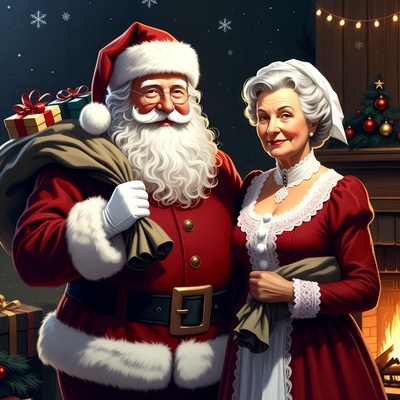 Santa Claus and Mrs. Claus by Fireplace
