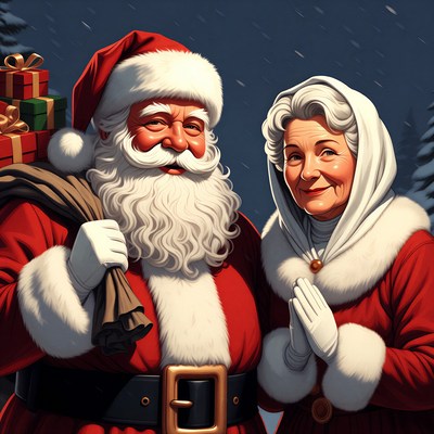 Santa Claus and Mrs. Claus with gifts