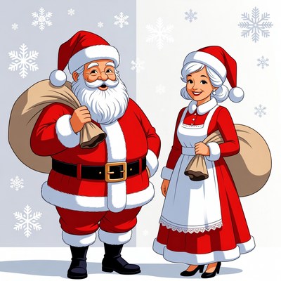 Santa Claus and Mrs. Claus with bags